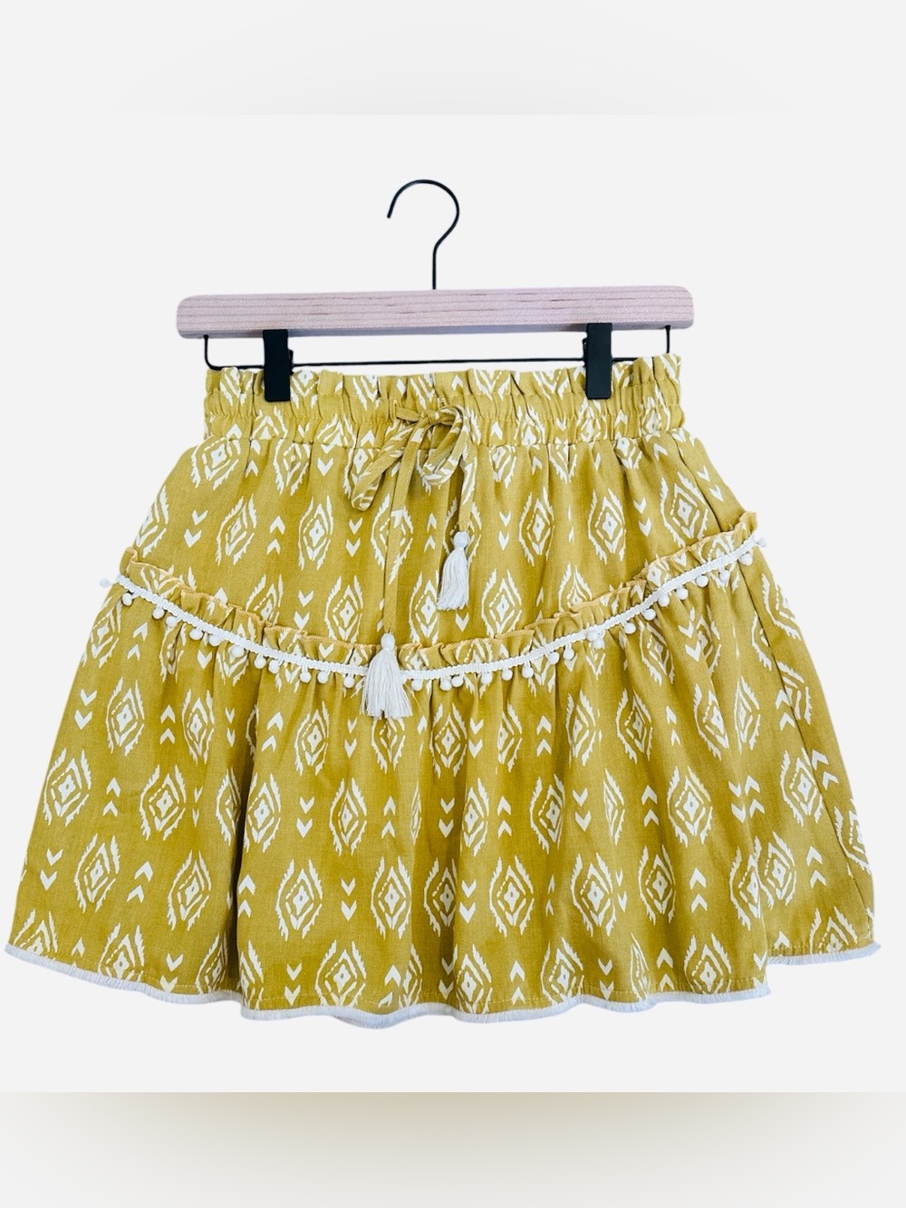 THML Tassel Mini Skirt Mustard Yellow White Southwestern Print Boho Chic Small